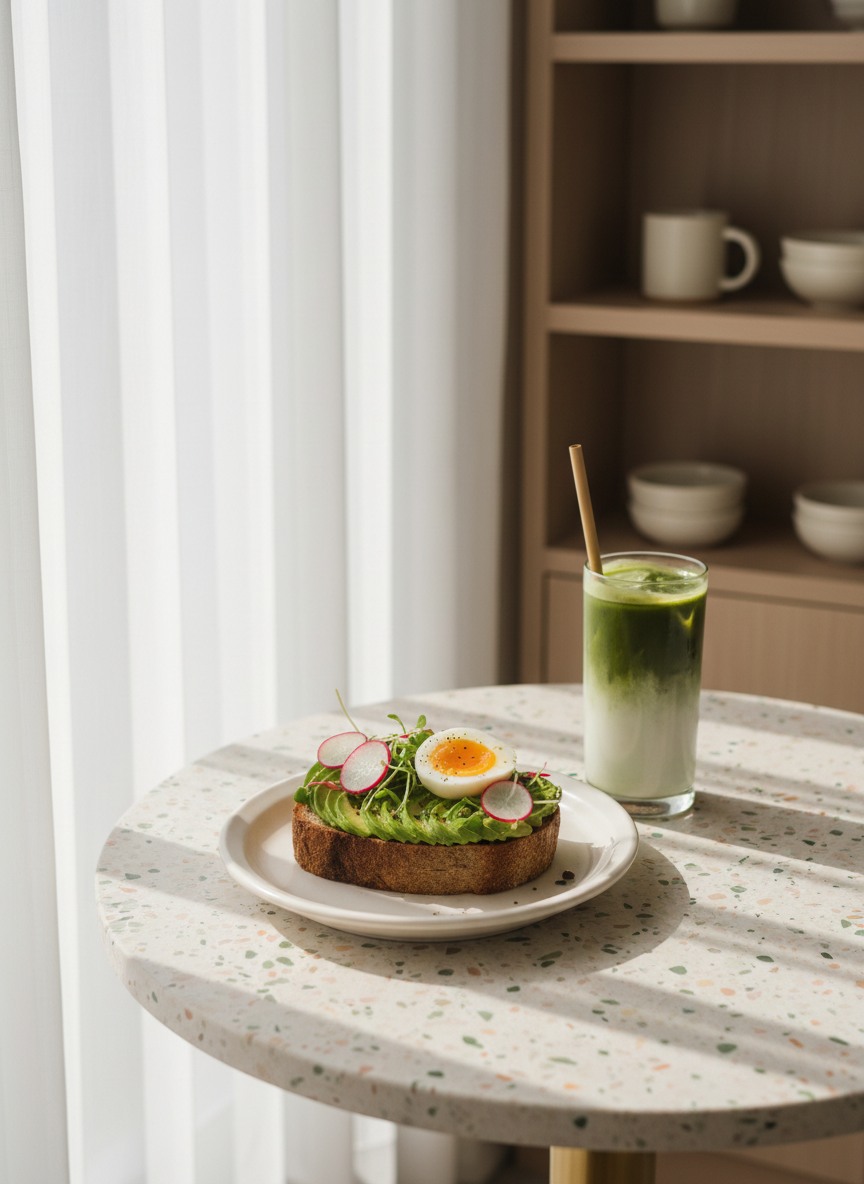 A sunlit corner table in a minimalist Korean cafe, showcasing a single, beautifully styled brunch plate of avocado toast on sourdough topped with delicately sliced radishes, microgreens, and a soft-boiled egg, alongside a tall glass of matcha latte in layered gradients of green and milk. The table is pale terrazzo, with specks echoing the colors of the food. Morning light streams through sheer curtains, creating soft highlights and gentle shadows that contour each ingredient. Shot from a three-quarter angle with shallow depth of field, the background shows blurred hints of pale wood shelving and neutral-toned ceramics. The overall mood is fresh, calm, and refined, in clean photographic realism suited to a modern foodie magazine.