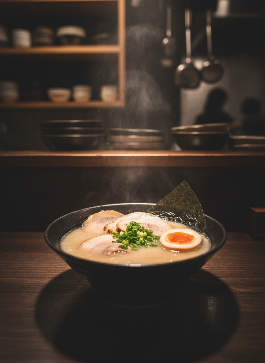 A moody, dimly lit ramen bar counter with a single, impeccably styled bowl of tonkotsu ramen in a matte black ceramic bowl, rich milky broth gleaming under focused overhead lighting. Toppings—perfectly marbled chashu, a jammy soft-boiled egg, finely sliced scallions, and a sheet of nori—are arranged with artistic precision. The counter is dark-stained wood, slightly glossy from years of use, reflecting the bowl’s silhouette. In the blurred background, minimalist shelves with neatly stacked bowls and hanging ladles add context. Captured from a low, close angle to emphasize depth and steam, with a shallow depth of field. The atmosphere is cozy, urban, and sophisticated, rendered in cinematic photographic realism.