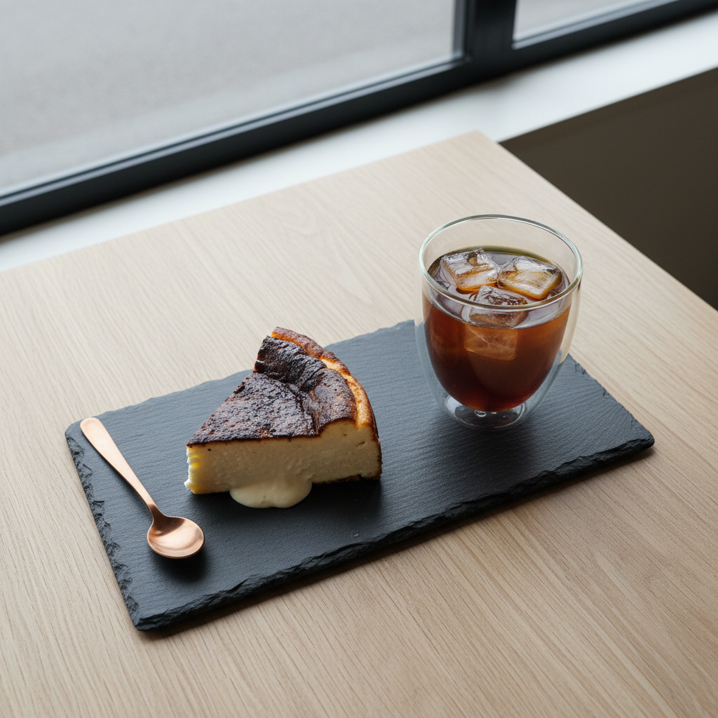 An overhead view of a curated dessert and coffee pairing: a sleek black slate board holding a single slice of burnt Basque cheesecake with a caramelized top, a tiny copper spoon, and a double-walled glass of dark cold brew with clear ice. The board rests on a pale oak table with a subtle grain, near a large window in a minimalist cafe. Soft overcast daylight diffuses across the scene, eliminating harsh shadows and emphasizing textures—the creamy cheesecake interior, the frosty glass, the cool slate. The composition follows the rule of thirds, with generous negative space and a muted color palette, creating an elegant, contemplative mood in photographic realism.
