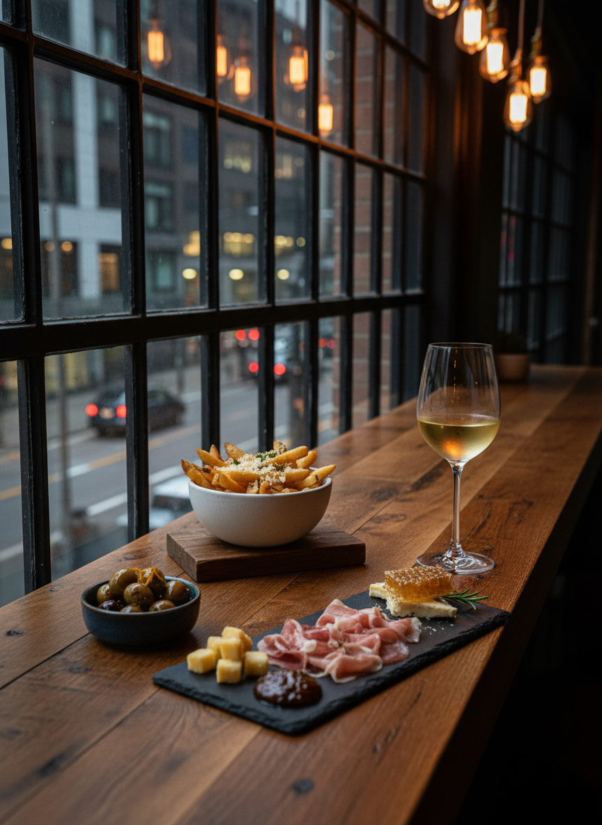 A narrow counter beside a large industrial-style window in a hidden gem wine bar, holding three small plates of elevated bar snacks: truffle fries in a matte white bowl, marinated olives in a tiny stoneware dish, and a charcuterie board with precise cuts of cured meats and cheeses. A single tall glass of natural wine with a faint golden haze catches the warm glow of pendant lighting overhead. Outside, city lights are softly blurred through the glass. Captured from eye level with a gentle diagonal composition, the mood is intimate and urban, with photographic realism and a sophisticated, slightly moody atmosphere that feels perfect for late-night dining discoveries.